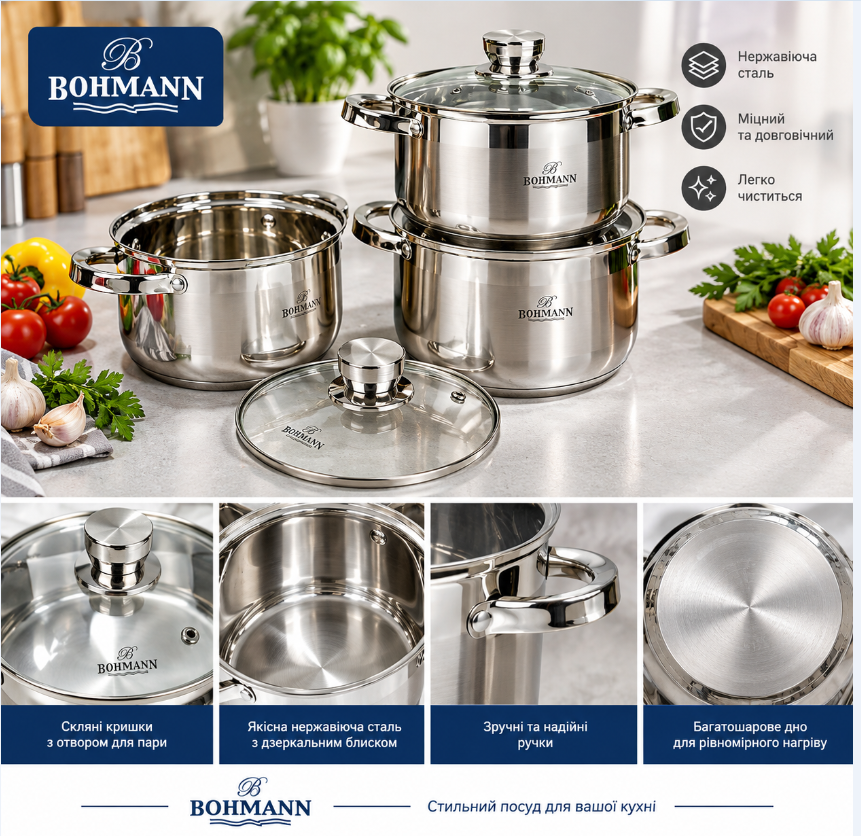 Набір каструль Bohmann BH-06-275, 3 шт. з кришками, нержавіюча сталь 18/10, для індукції