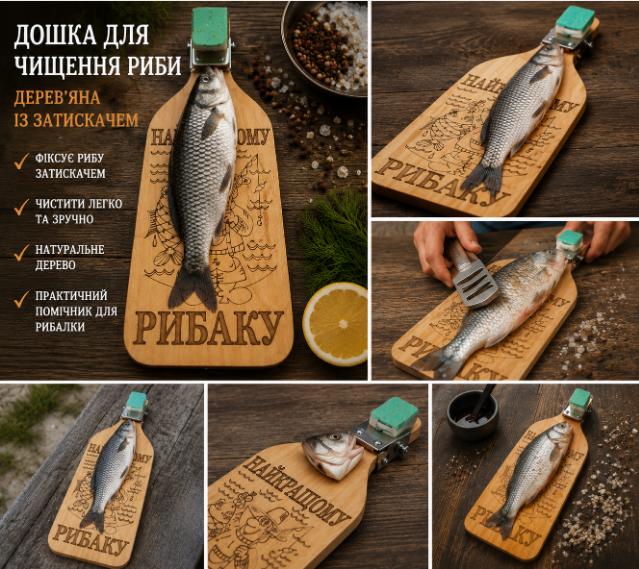 Дошка для чищення риби деревяна із затискачем для фіксації риби — оригінальний подарунок рибалці