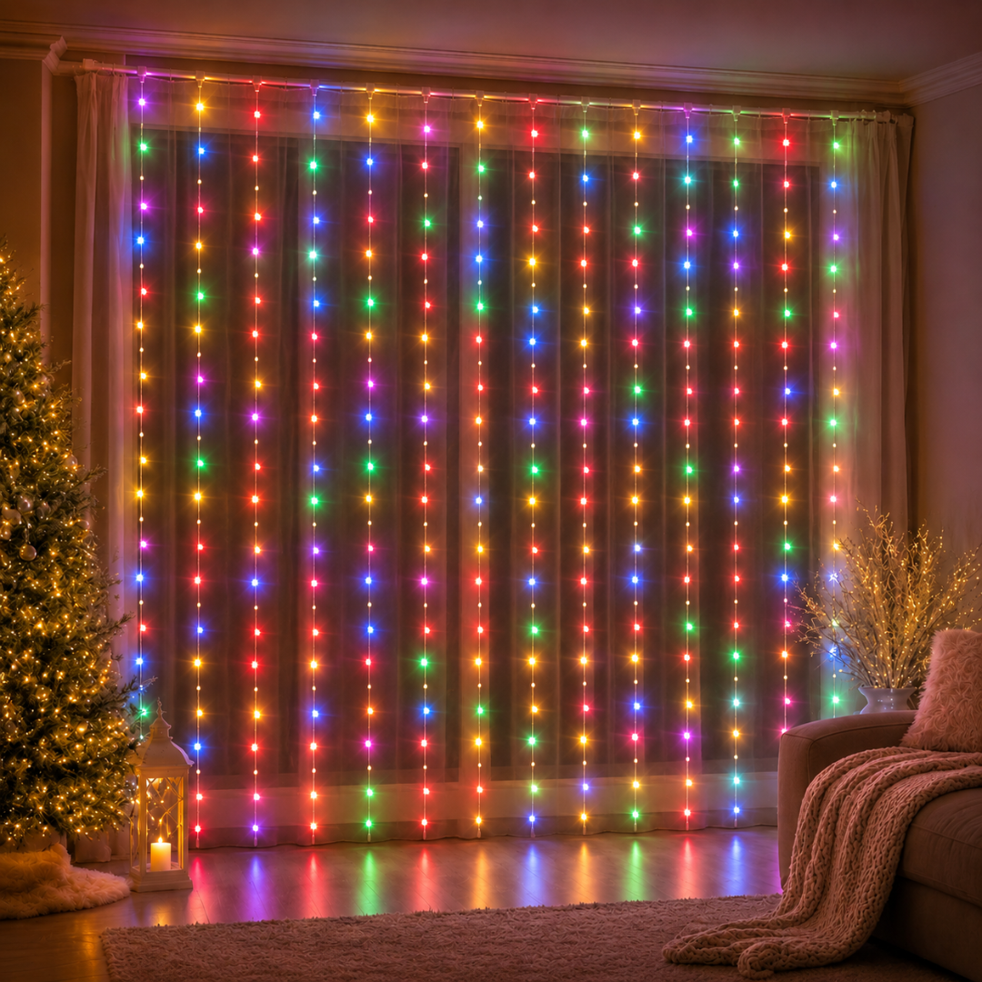 Гірлянда штора 360 LED 3х2,5 м лампа лінза мультиколор прозорий провід