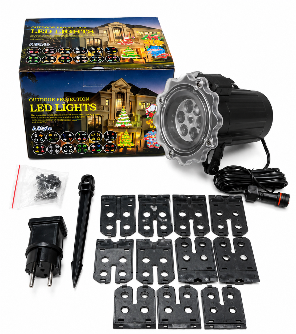 Новорічний LED проєктор вуличний 12 змінних слайдів 4 кольори 10 м