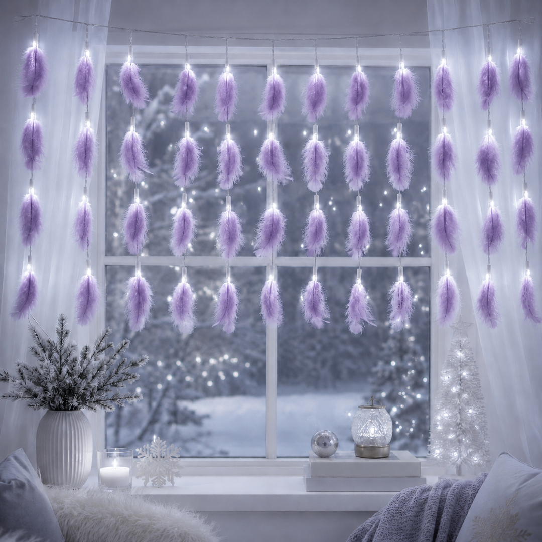 Гірлянда штора декоративна пір'я фіолетове 100 LED 2,5х1 м біла